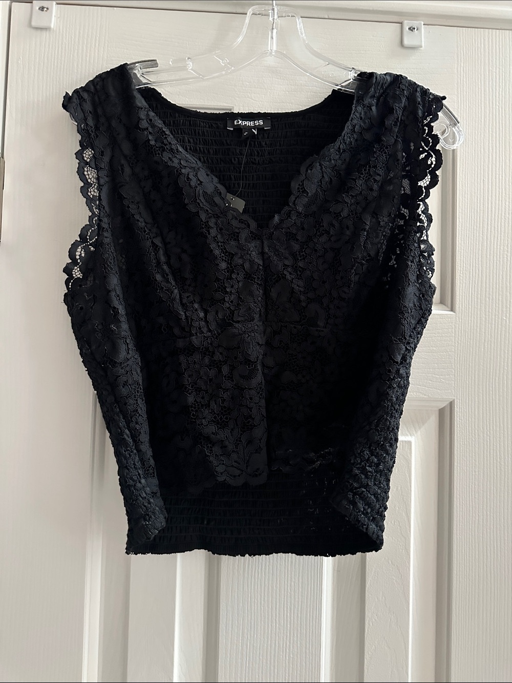 Express Black Floral Lace Ruched Top Y2K Coquette Goth L NWT delicate Feminine